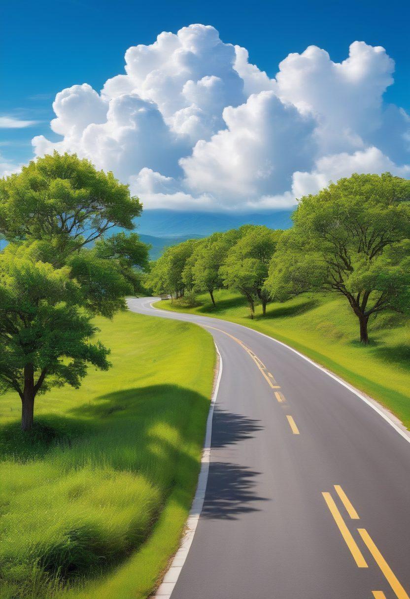 A serene road symbolizing the journey to financial contentment, lined with vibrant trees representing innovation. Include MCBank's logo subtly integrated into the scenery, with happy customers engaging with mobile banking services on their devices along the way. Soft clouds in a bright blue sky portray a sense of trust and reliability. super-realistic. vibrant colors. 3D.