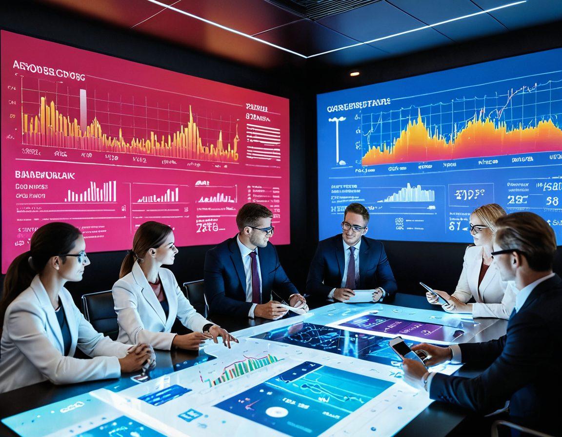 A vibrant and dynamic scene depicting a diverse group of professionals engaging in financial discussions, surrounded by symbols of personal and business wealth like investment graphs and currency. Include elements representing MCBank's branding subtly in the background, such as a modern bank building and innovative technology. The atmosphere should convey empowerment and collaboration, with warm, inviting colors. super-realistic. vibrant colors. 3D.